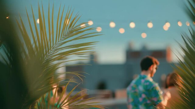 Gentle evening breeze moves palm leaves in the foreground, framing a group of friends enjoying drinks and conversation on a rooftop at sunset, with string lights adding a festive touch