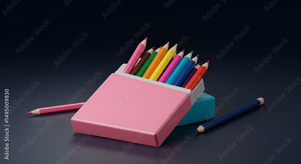 Poster colorful pencils in a pink box with teal accents on a dark surface. arranged display with various co