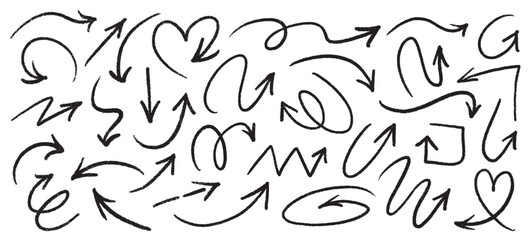 Arrow Brush Set in Chalk and Crayon Style. Hand-Drawn Vector Arrows and Scribble Lines