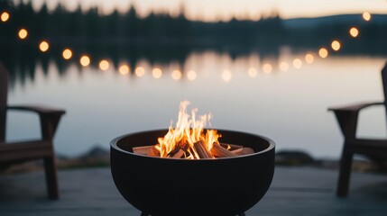 Autumn Break Vibes Concept. A cozy campfire illuminates a serene lakeside setting at dusk, surrounded by soft string lights. Ideal for capturing relaxation and outdoor enjoyment.