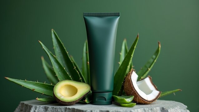 green matte tube  Around the tube aloe vera plant slices of avocado, coconut on the top of the  weathered gray stone. 