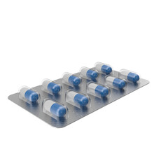Blister Pack of Blue and White Capsules Isolated on White Background