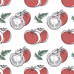 Tomatoes seamless pattern. Contour of ripe juicy hand drawn tomatoes on a white background.