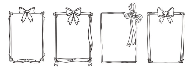 Elegant collection of frames with ribbon bows. Frame set. Template for invitations, posters, banners. Hand drawn sketch illustration.