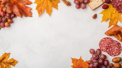 Autumn Break Vibes Concept. A beautiful autumn harvest arrangement featuring vibrant grapes, colorful leaves, savory charcuterie snacks, and warm spices, perfect for seasonal gatherings.