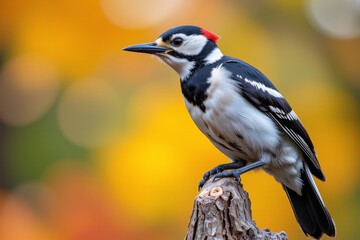 Hairy woodpecker perched on tree stump with blurred autumn leaves background