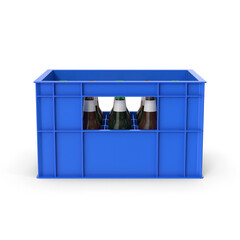 Blue Plastic Crate with Assorted Bottles Isolated on White Background