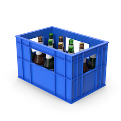 Blue Plastic Crate with Assorted Bottles Isolated on White Background