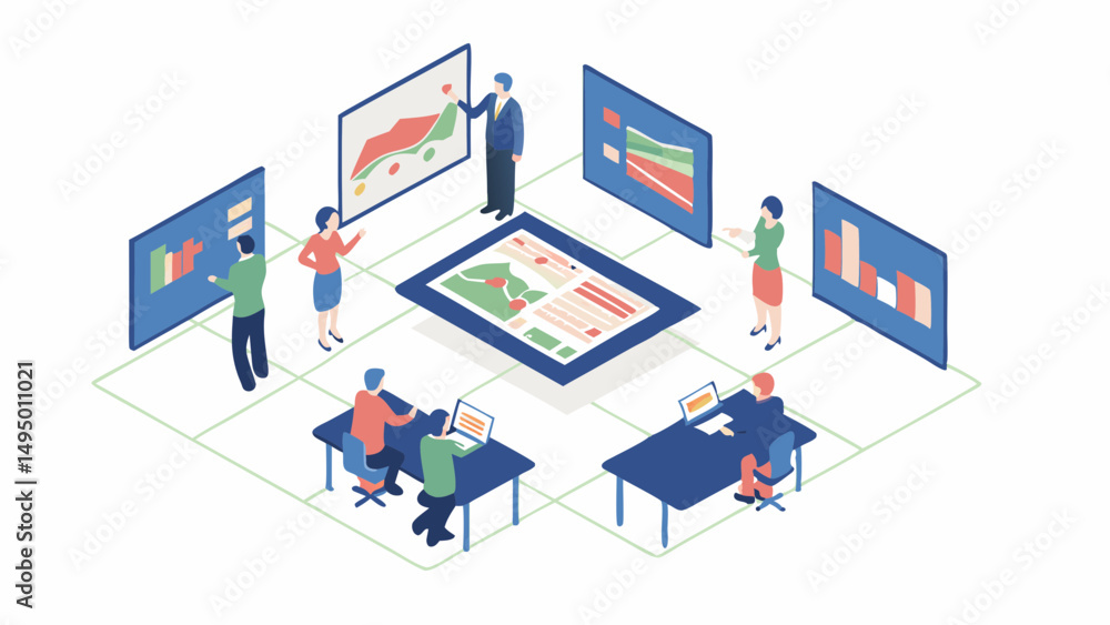 Poster isometric view of a business meeting with data analysis and presentation on screens and a central ta
