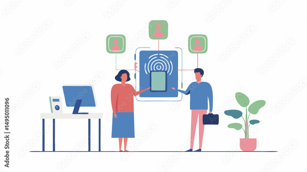 Poster illustration of two people interacting with a large smartphone displaying a fingerprint scanner inte