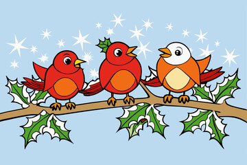 Fototapeta premium Winter birds on a snowy branch with holly vector illustration
