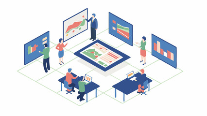 Obraz premium Isometric view of a business meeting with data analysis and presentation on screens and a central tablet