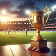 A golden trophy isolated on table in cricket ground with blurred background