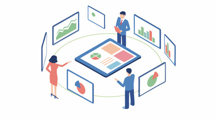 Obraz premium Isometric view of business team analyzing data on screens around a central tablet display showing charts
