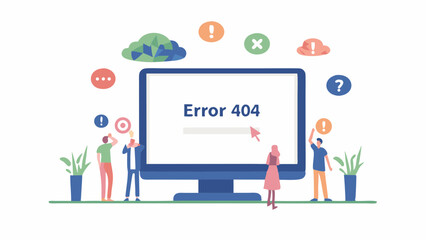 Illustration of people looking at a computer screen displaying an error message with various icons around it