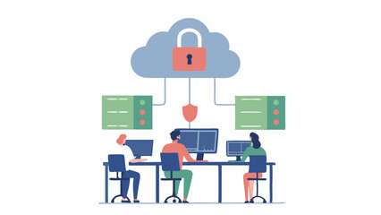Illustration of three people working at computers with cloud security and server connections shown above them