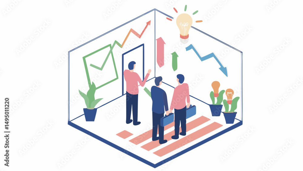 Poster isometric view of three business people discussing in a room with graphs and a light bulb above them