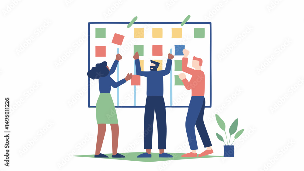 Poster three people standing in front of a board with colorful sticky notes attached to it in a bright room