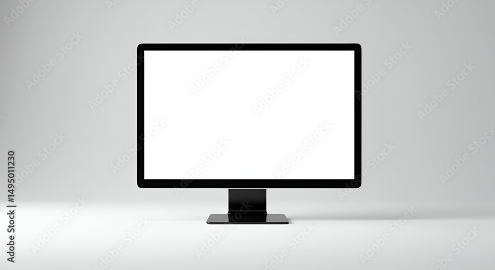 Poster black monitor with blank screen in a neutral setting. modern display positioned centrally on a light