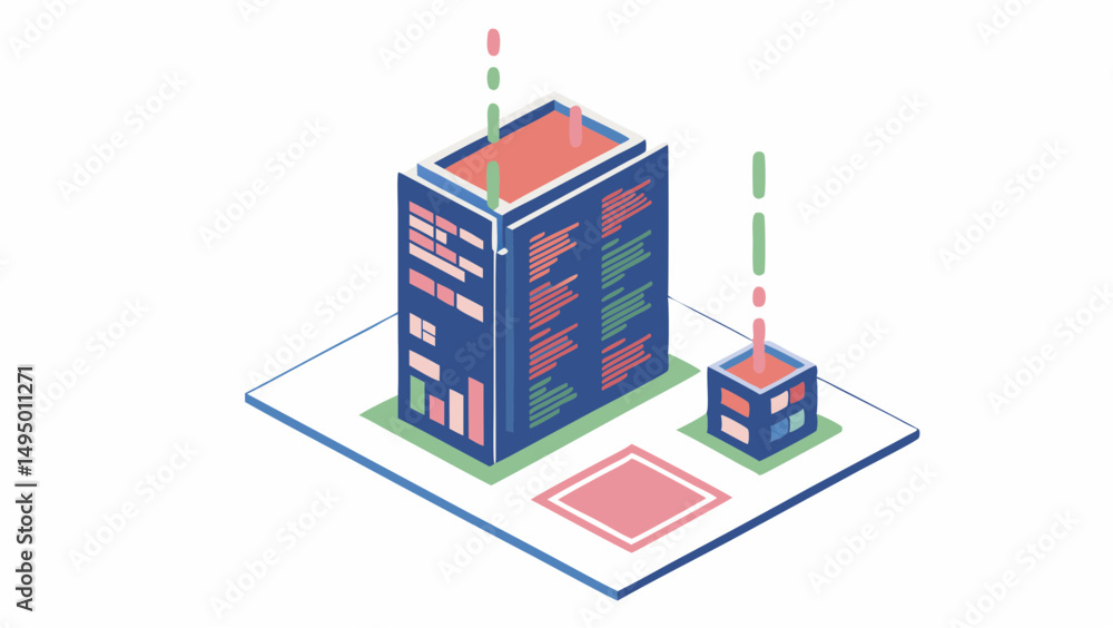 Aufkleber isometric illustration of a data center with servers and data transmission lines on a white backgrou