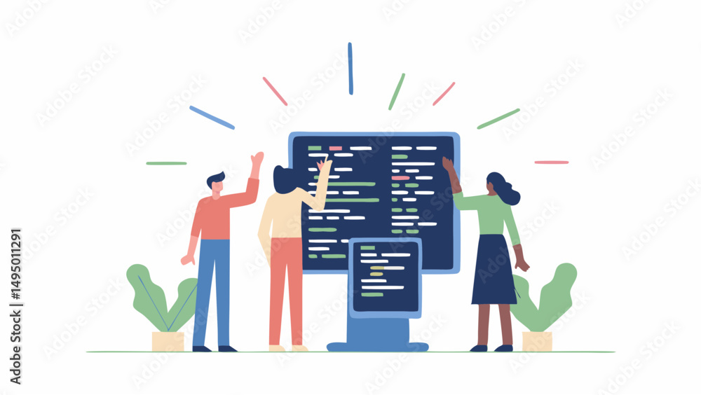 Poster three people standing in front of screens with code, raising their hands in a collaborative environm