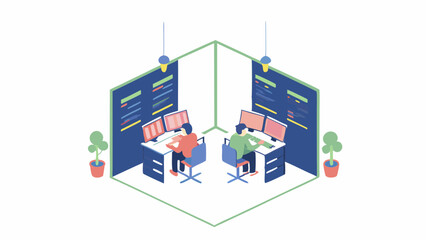 Isometric view of two programmers working at their desks with dual monitors in a corner office space
