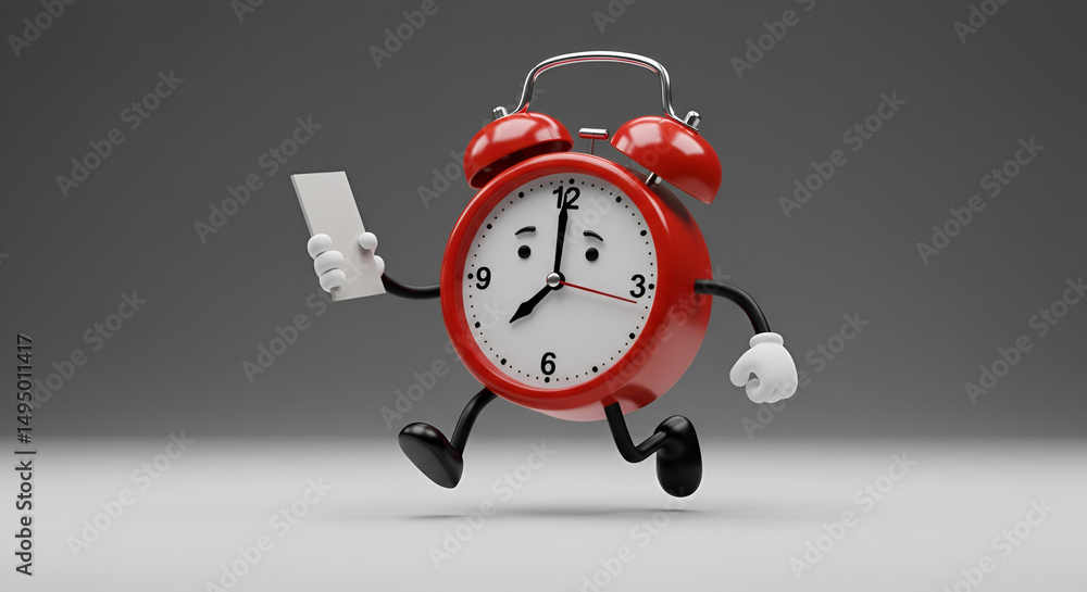 Poster cartoon red alarm clock character holding a blank sign, running in a simple gray studio setting.