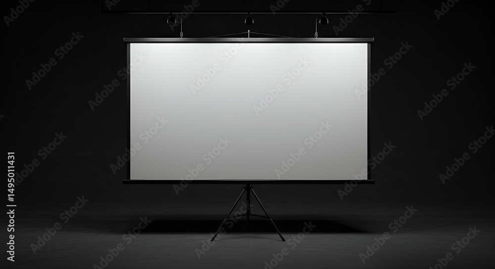 Poster blank projection screen with adjustable stand in a dark room. empty presentation backdrop with studi