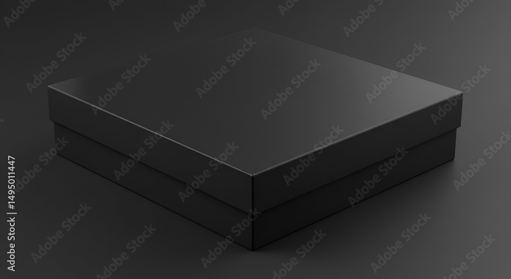 Poster blank matte black square box presented on a dark background. product mockup with studio backdrop. em