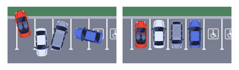 Parking lots, good and bad car park behavior comparison, top above view. Correct alignment, incorrect wrong crossing space, spot lines, traffic rule violations, mistakes. Flat vector illustrations