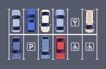 Carpark with disabled parking lots, places. Car park, top view. Organized aligned auto vehicles on area with road markings, lines, accessible zones for people with disability. Flat vector illustration