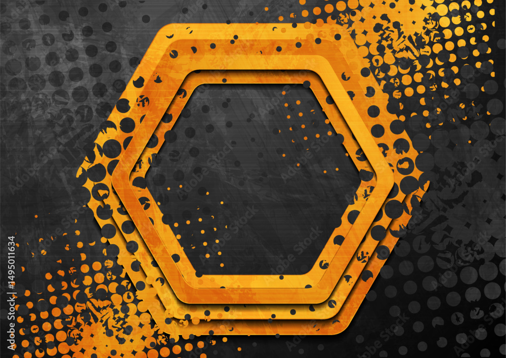 Poster black and orange contrast hexagons abstract geometric grunge background. vector halftone retro desig