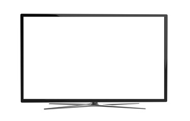 Realistic TV screen. Realistic illustration of black TV with stand and blank transparent isolated....