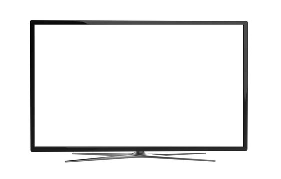 Realistic TV screen. Realistic illustration of black TV with stand and blank transparent isolated. Front shot of plasma tv screen. 