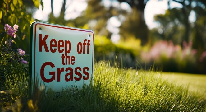 Keep Off Grass' sign is displayed on lush green grass in a public park setting