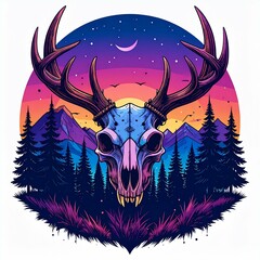 Sunset Skullscape Antlers Forest  Night Sky