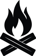 Minimalist Campfire Silhouette Crossed Logs with Flame Bold Black Design