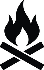 Minimalist Black Campfire Silhouette with Crossed Logs and Flame