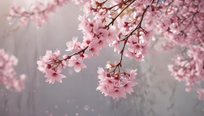 Obraz premium Delicate pink sakura petals drift on gentle breeze, soft focus background , bokeh, macro
