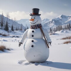 Obraz premium Frosty snowman, winter sports gear scattered, bleak landscape, snowdrift, frozen