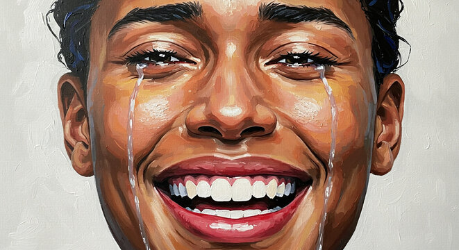 Tears of Joy: A close-up captures a person's radiant face, expressing a cascade of tears through a joyful smile. Evoking an emotional moment.