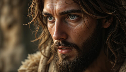 Jesus Christ with long hair and intense expression in a biblical setting