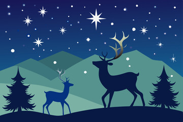 Twinkling Stars and Reindeer Silhouette Vector Illustration