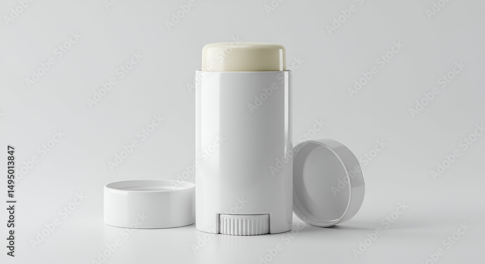 Poster white lip balm stick container displayed on a plain background. empty container with a light beige p