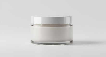 Empty cosmetic jar with white cap on a plain white background. Neutral, modern product presentation against simple backdrop. Cosmetics packaging design element. studio shot.