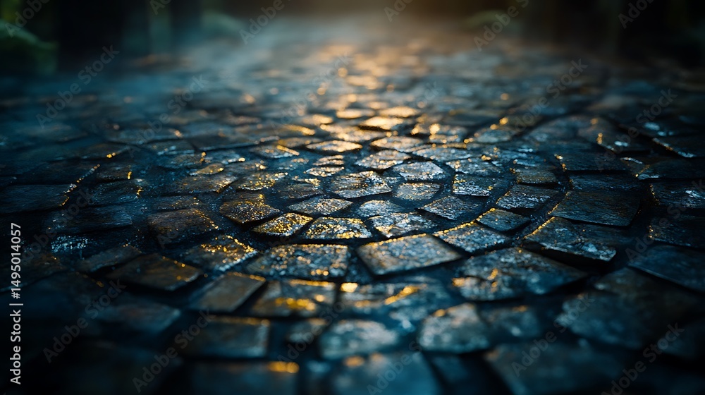 Poster cobblestone path shimmers with golden light, inviting a journey into the unknown