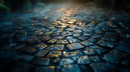 Cobblestone path shimmers with golden light, inviting a journey into the unknown