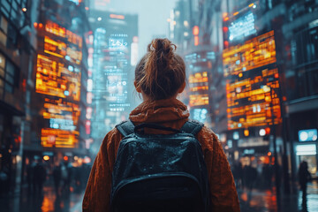 a person standing in a city street with AR overlays on buildings, displaying navigation and ads, futuristic design