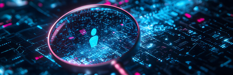 Closeup futuristic tech graphic design. Magnifying glass focuses on person icon. Digital network map shows possible new employee customer. Blue background opportunity. Concept for recruitment sales.