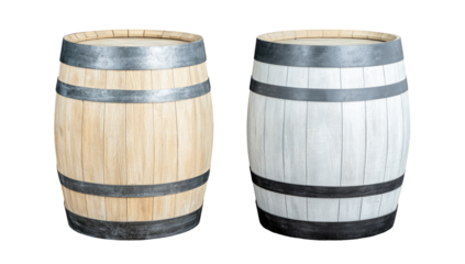 Two wooden barrels, one light brown, one painted white